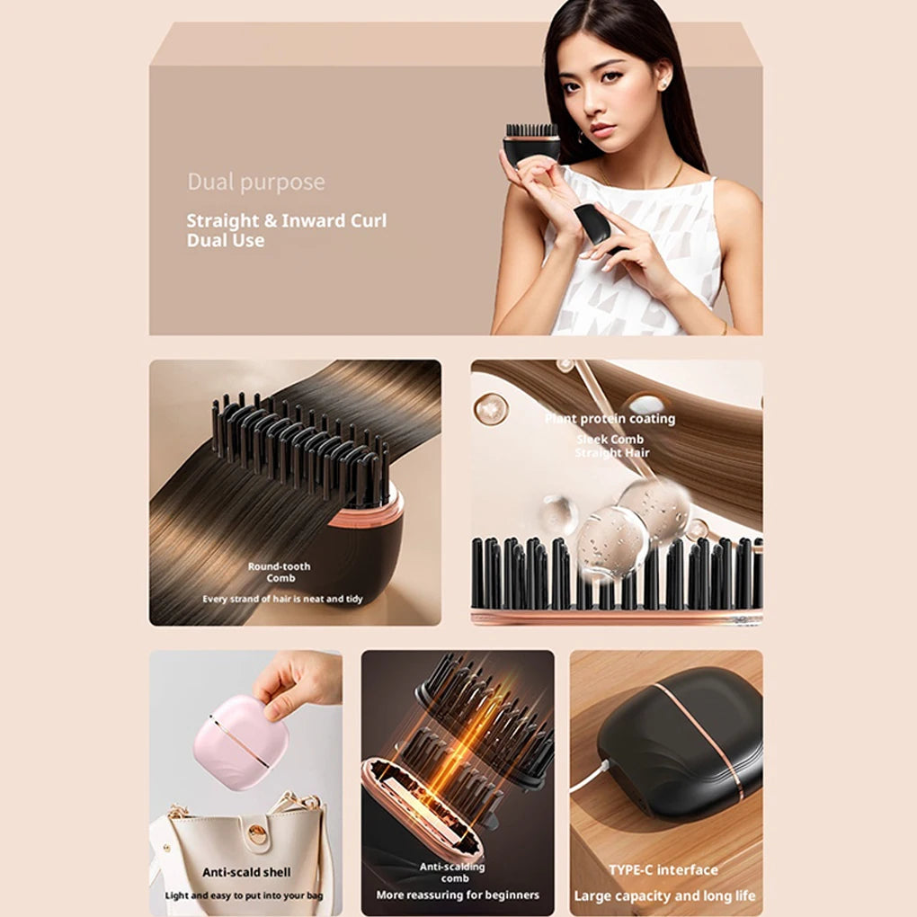 Wireless Rechargeable Hair Straightener Brush Portable Mini Electric Heating Comb Anti-Scald Multifunctional Hair Care Tool